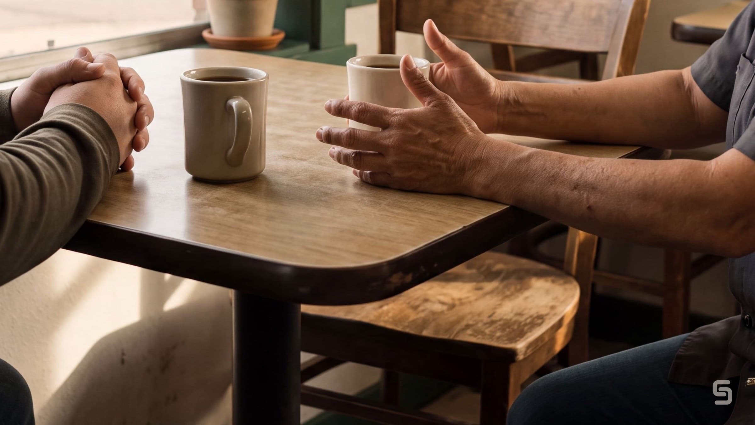 Dos personas conversando frente a frente en la mesa de una taquería de barrio, con dos tazas de café.