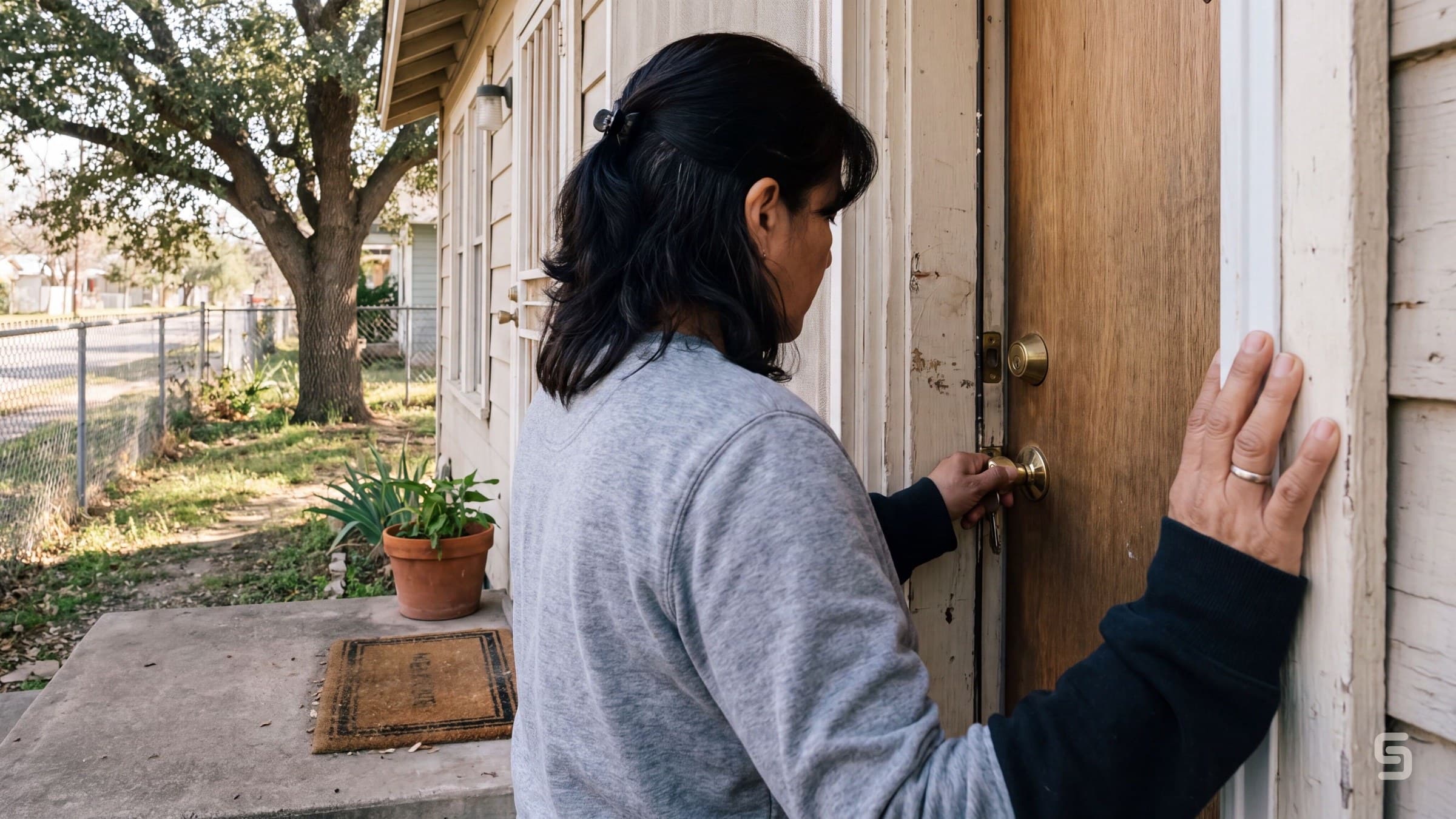 Mano girando la llave en la cerradura de la puerta de entrada de una casa, por la mañana.